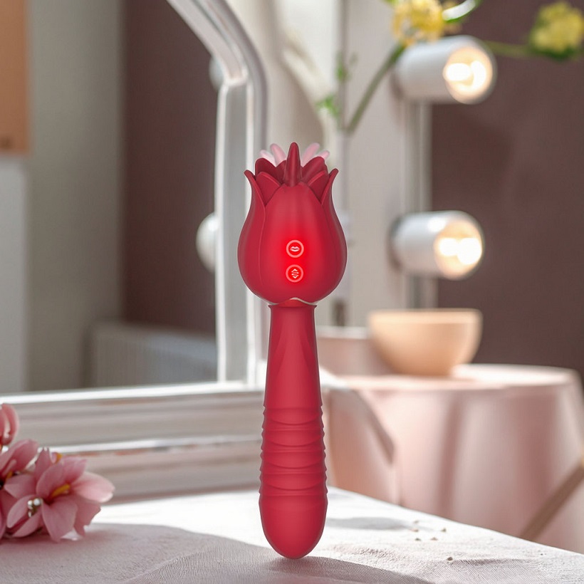 Dương Vật Giả 2 Đầu Hoa Hồng Rung Thụt Kèm Lưỡi Liếm